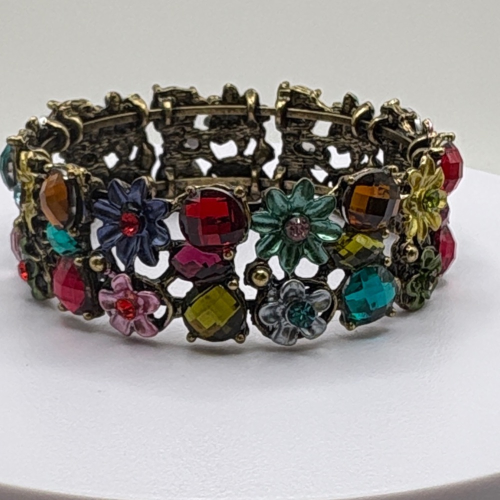 Vintage Style Floral Multicolor Crystal Clamper Bracelet Cuff - Picture 4 of 6